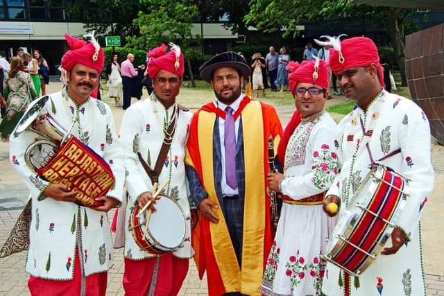 Javed Bashir with Rajasthan Heritage Brass Band after receiving his doctorate.  Picture: Georgie Majid