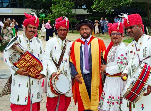 Javed Bashir with Rajasthan Heritage Brass Band after receiving his doctorate.  Picture: Georgie Majid