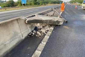 More than 70 metres of metal and concrete barriers have been damaged in the incident  Credit: National Highways