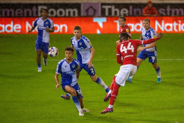 Devante Cole fires Barnsley in front against Bristol Rovers at Oakwell. Picture: Bruce Rollinson.