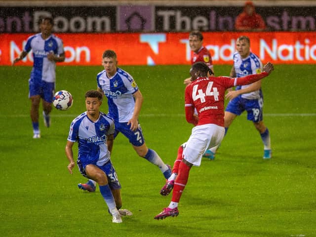 Devante Cole fires Barnsley in front against Bristol Rovers at Oakwell. Picture: Bruce Rollinson.