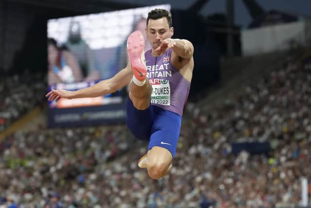 Medal agony: Leeds City AC’s Jacob Fincham-Dukes in action in the European Championships long jump final in Munich.Picture: (AP Photo/Matthias Schrader)