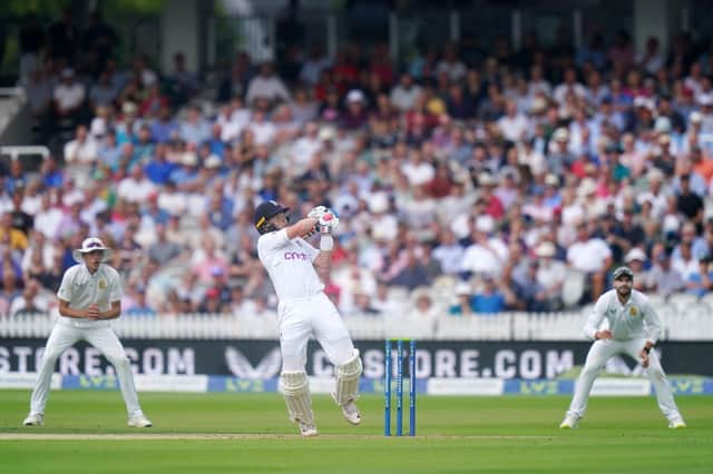 England's Ollie Pope hits out. Picture: PA.