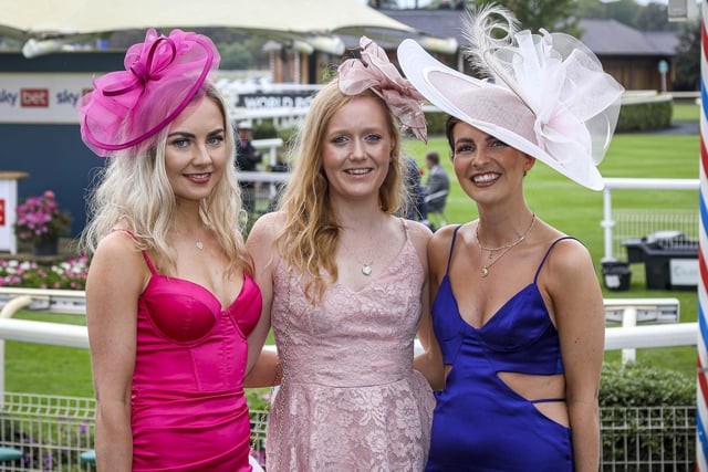 Danille, Cheslea and Daniella dressed for Ladies Day in day two of the EBOR Festival at York Racecourse in Yorkshire, England, August 18 2022.