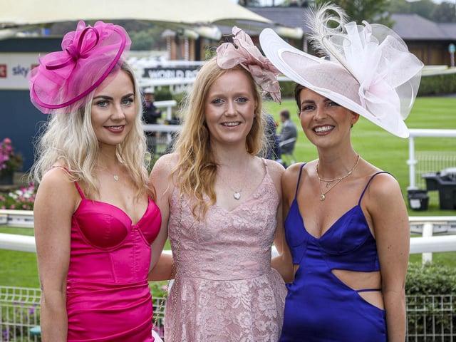 Danille, Cheslea and Daniella dressed for Ladies Day in day two of the EBOR Festival at York Racecourse in Yorkshire, England, August 18 2022.