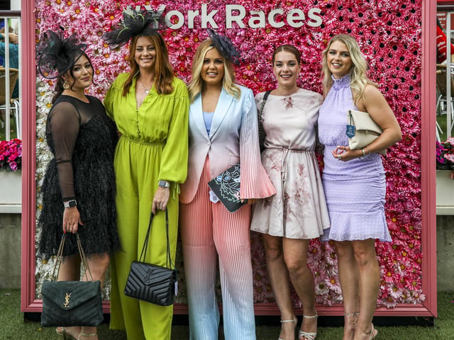 Friends dressed for Ladies Day in day two of the EBOR Festival at York Racecourse in Yorkshire, England, August 18 2022.