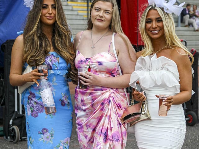 Ruby, Morgan and Demi dressed for Ladies Day in day two of the EBOR Festival at York Racecourse in Yorkshire, England, August 18 2022.