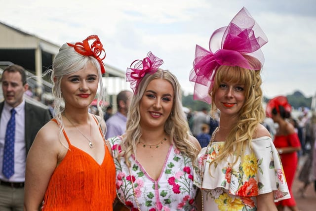 Zoe, Georgia and Kate dressed for Ladies Day in day two of the EBOR Festival at York Racecourse in Yorkshire, England, August 18 2022.