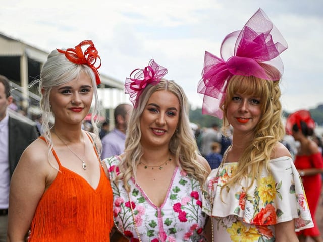 Zoe, Georgia and Kate dressed for Ladies Day in day two of the EBOR Festival at York Racecourse in Yorkshire, England, August 18 2022.