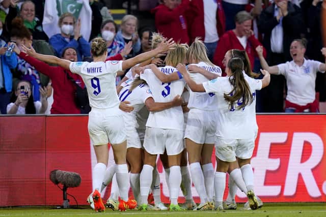 England players celebrate after team-mate Lucy Bronze scores their side's second goal of the game during the UEFA Women's Euro 2022 semi-final match at Bramall Lane, Sheffield last month. Picture: Danny Lawson/PA Wire.