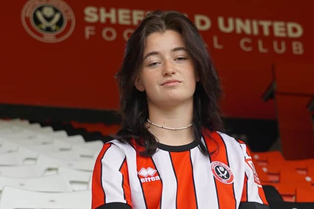 Sheffield, England, 16th August 2022. Charlie Docherty of Sheffield United Women, pictured at Bramall Lane bin the announcement she has extended her contract. Picture Sheffield United