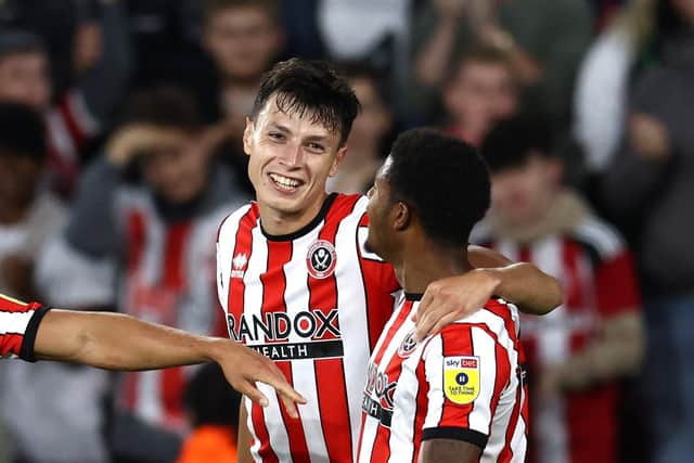 Anel Ahmedhodzic of Sheffield Utd celebrates after scoring the opening goal against Sunderland. Picture: Darren Staples/Sportimage