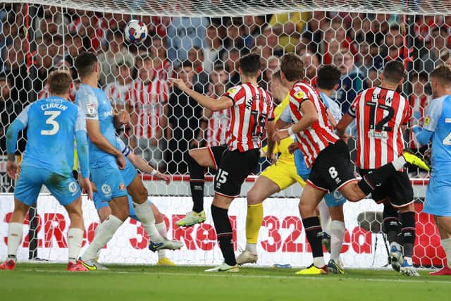 Anel Ahmedhodzic of Sheffield Utd scores the opening goal against Sunderland. Picture: Darren Staples/Sportimage