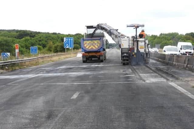 The damaged surface on the southbound carriageway following the crash. Photo: Highways England.