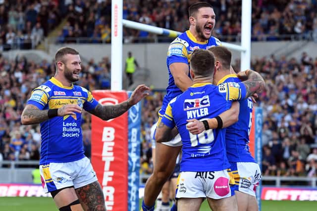 Get in: Leeds Rhinos celebrate Ash Handley's try. Picture by John Rushworth/SWpix.com