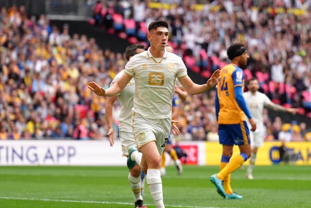 Kian Harratt, pictured celebrating after scoring the first goal in last season's League Two play-off final, is keen to score as many goals as possible for Bradford City. Picture: PA Wire.