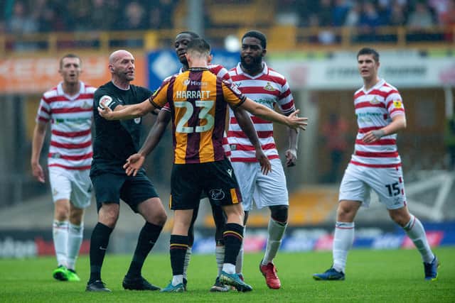 Kian Harratt was sent off against Doncaster Rovers in his first game for Bradford City. Picture: Bruce Rollinson.