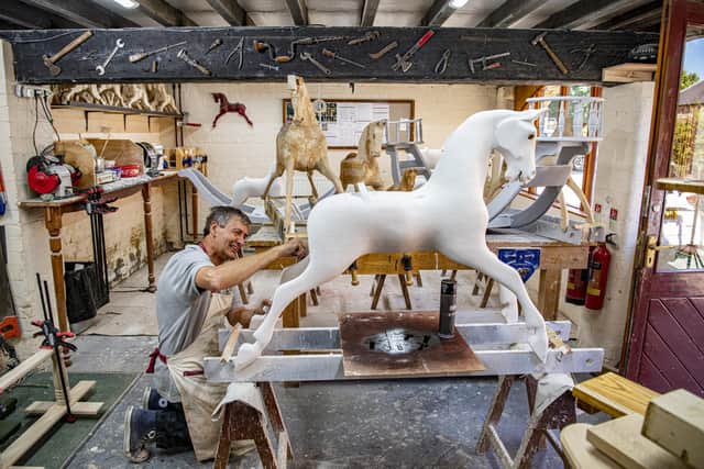 Craftsman Andrew Brown working at the  Rocking Horse Shop, in Fangfoss, York