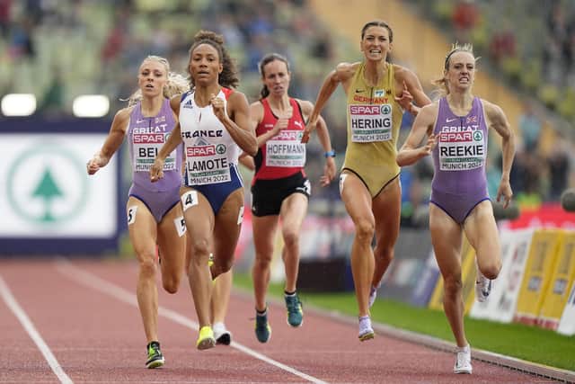 Alexandra Bell, of Great Britain, Renelle Lamote, of France, Lore Hoffmann, of Switzerland, Christina Hering, of Germany, and Jemma Reekie, of Great Britain, from left to right, compete in a Women's 800 meters semifinal at the Olympic Stadium at the European Championships in Munich. (AP Photo/Martin Meissner)