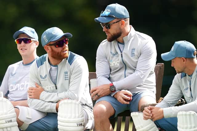 KEEP THE FAITH: England's head coach Brendon McCullum pictured with Yorkshire trio Harry Brook, Jonny Bairstow, and Joe Root at Edgbaston earlier this summer. Picture: Martin Rickett/PA