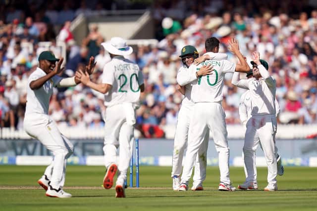South Africa's Marco Jansen celebrates with team-mates after taking the wicket of England's James Anderson on day three at Lord's Picture: Adam Davy/PA