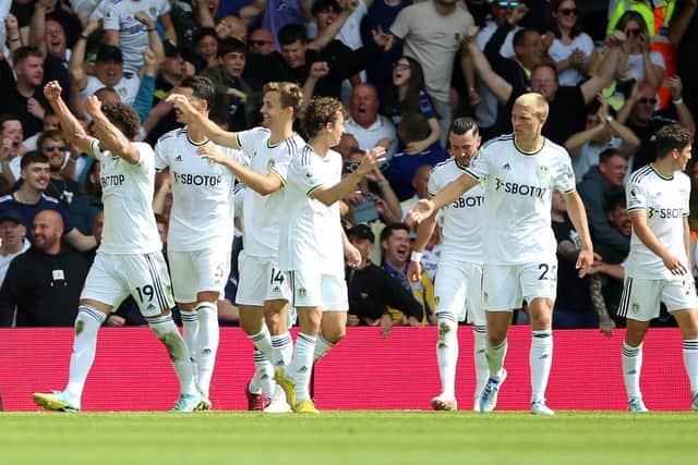 Leeds United's Rodrigo Moreno (left) celebrates scoring his side's second goal against Chelsea at Elland Road Picture: Nigel French/PA