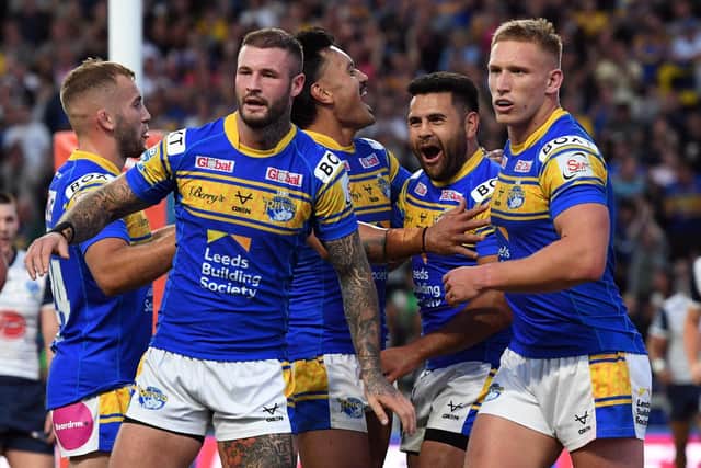 Leeds Rhinos celebrate Rhyse Martin's try against Warrington Wolves. (Picture: SWPix.com)