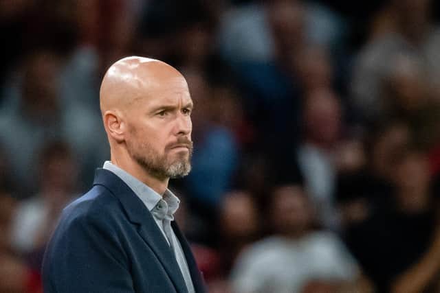 MANCHESTER, ENGLAND - AUGUST 22:  Manchester United Head Coach / Manager Erik ten Hag reacts during the Premier League match between Manchester United and Liverpool FC at Old Trafford on August 22, 2022 in Manchester, United Kingdom. (Photo by Ash Donelon/Manchester United via Getty Images)