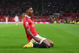 MANCHESTER, ENGLAND - AUGUST 22: Marcus Rashford of Manchester United celebrates after scoring their team's second goal during the Premier League match between Manchester United and Liverpool FC at Old Trafford on August 22, 2022 in Manchester, England. (Photo by Michael Regan/Getty Images)