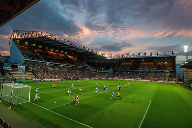 The setting sun lights up the sky above Valley Parade.
during Bradford City v Blackburn Rovers. Picture: Bruce Rollinson