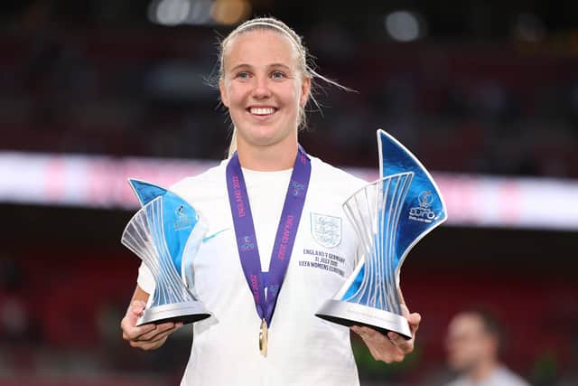 Whitby's Beth Mead is awarded with the Top Goalscorer and Player of the Tournament awards after the final whistle of the UEFA Women's Euro 2022 final match between England and Germany at Wembley Stadium on July 31. Picture: Naomi Baker/Getty Images.