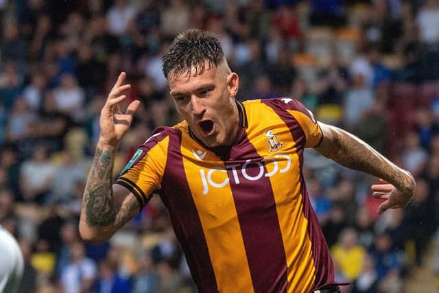 Andy Cook celebrates his opening goal.
Bradford City v Blackburn Rovers.  University of Bradford Stadium.  EFL Cup. Carbao Cup.
9 August 2022.  Picture Bruce Rollinson