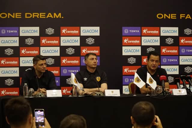 NEW ERA: Hull city vice-cair Tan Kesler, with head coach Shota Arveladze (centre) and owner ans chairman Acun Ilicali (right).