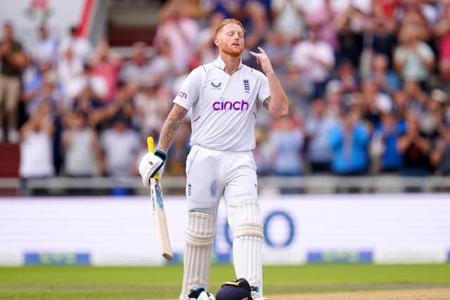 England's Ben Stokes celebrates reaching his century during day two at Old Trafford. Picture: Nick Potts/PA