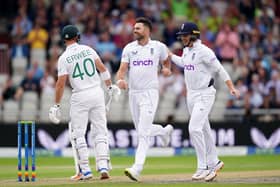 England's James Anderson (centre) celebrates taking the wicket of South Africa Sarel Erwee at Old TraffordPicture: David Davies/PA
