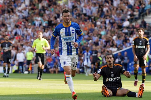 Brighton and Hove Albion's Pascal Gross (centre) celebrates scoring the first goal of the game during the Premier League match at the AMEX Stadium, Brighton. (Picture: PA)