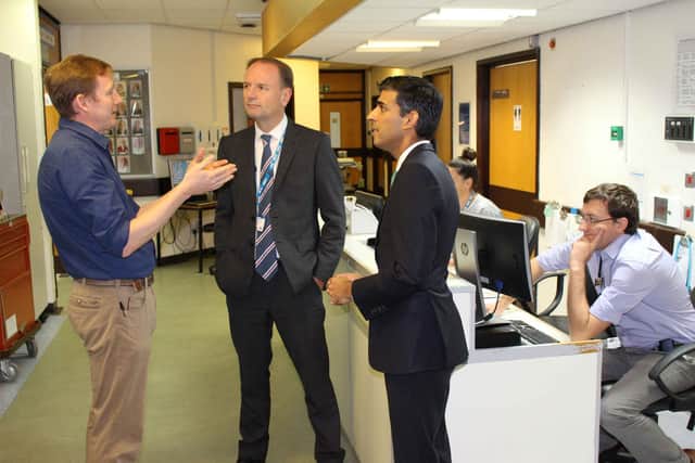 Rishi Sunak in 2019 at the Friarage Hospital with Sir Simon Stevens, then head of the NHS, and James Dunbar, the hospital's clinical director.