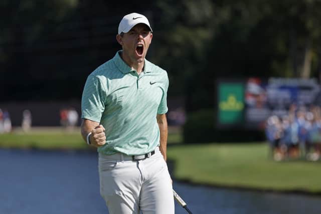 Rory McIlroy reacts after making a birdie putt on the fifteenth green during the final round of the Tour Championship golf tournament at East Lake Golf Club Sunday. (Jason Getz/Atlanta Journal-Constitution via AP)