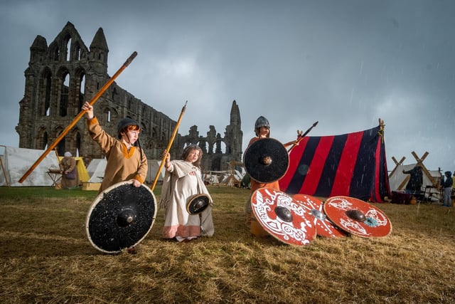 Young Viking warriors Elijah Harris, 8, Keira Harris, 5, and Trystan Harris, 11, from Northampton