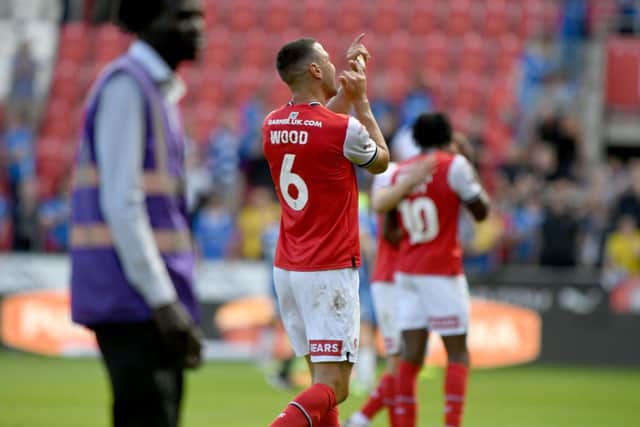 Richard Wood, of Rotherham United, celebrates towards the home fans at the end of the match. (Picture: James Hardisty)