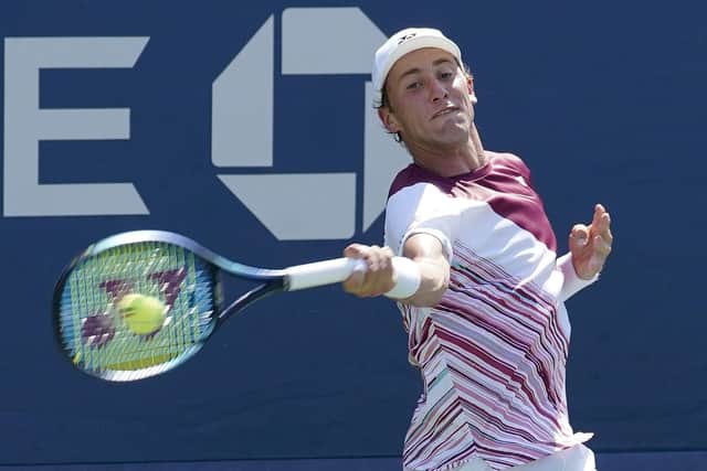 Casper Ruud hits a return to US Open first round singles opponent Kyle Edmund at Flushing Meadow on Monday. Picture: AP Photo/Mary Altaffer