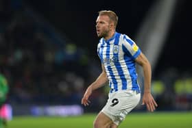 Huddersfield Town striker Jordan Rhodes missed the target with an early header. Picture Bruce Rollinson