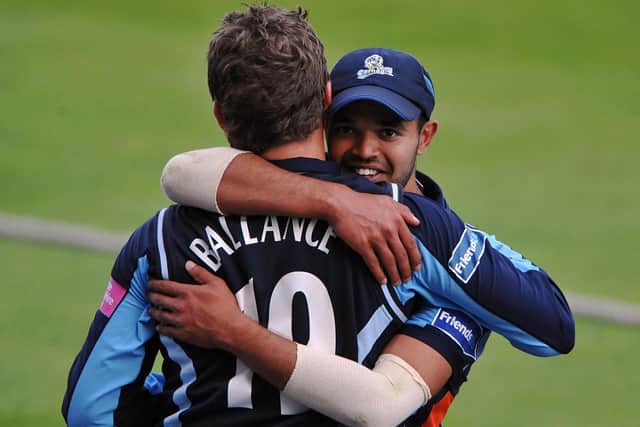 Yorkshire's Garry Ballance and Azeem Rafiq celebrate a win back in their playing days (Picture: SWPix.com)