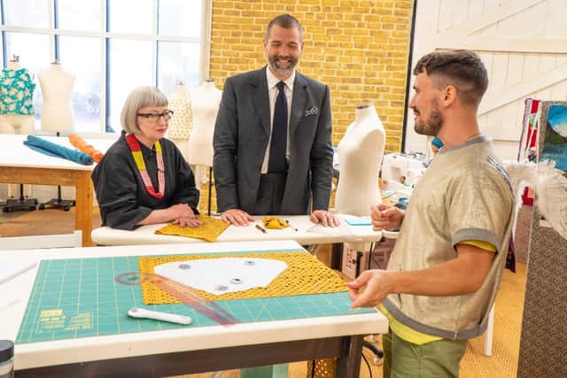 A Sewing Bee contestant with judges Esme Young and Patrick Grant.Credit: BBC/Love Productions/Mark Bourdillon