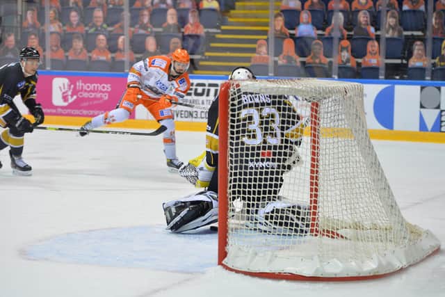 Liam Kirk fires past Nottingham goaltender Ben Bowns in Saturday's 3-2 win at the National Ice Centre.