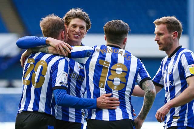 Sheffield Wednesday players celebrate during their 5-0 demolition of Cardiff City. Picture: PA