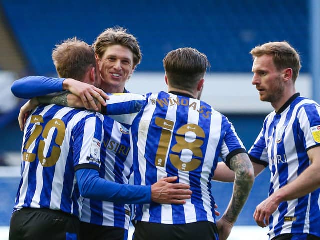 Sheffield Wednesday players celebrate during their 5-0 demolition of Cardiff City. Picture: PA