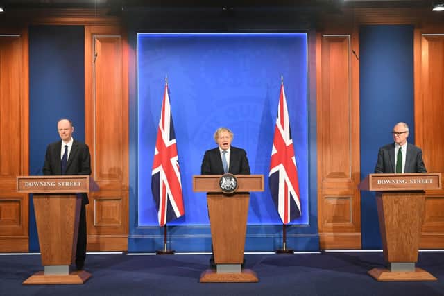Chief Medical Officer Professor Chris Witty, Prime Minister Boris Johnson and Chief scientific adviser Sir Patrick Vallance, during a media briefing in Downing Street, London, on coronavirus (Covid-19).