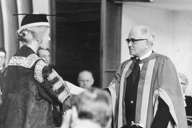 Sir Alec Clegg receives honorary degree from Duchess of Kent in May 1972.