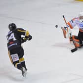 NOT TONIGHT: Ben Churchfield turns away Christophe Boivin's penalty shot for Nottingham Panthers in the 57th minute to enable Steelers to prevail 3-2. Picture courtesy of Dean Woolley.